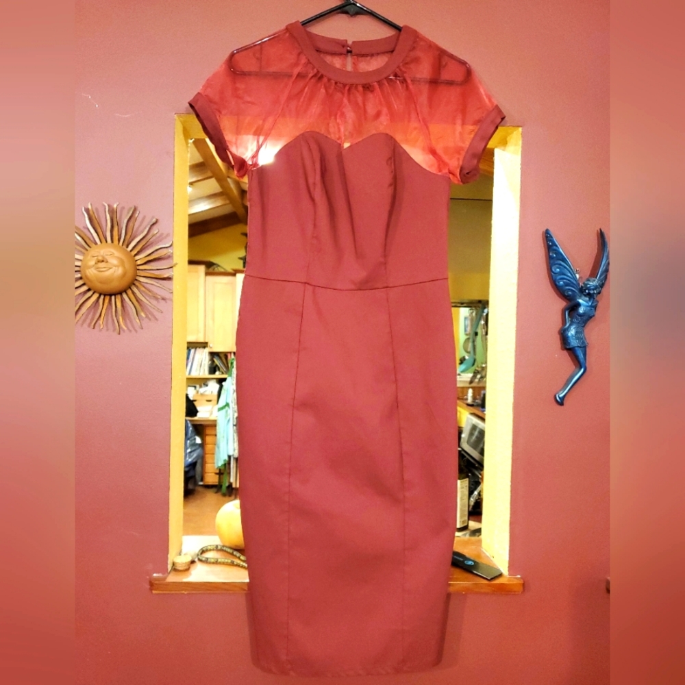 Unique Vintage Red / Burgundy Wiggle dress, stretchy, mesh top, M